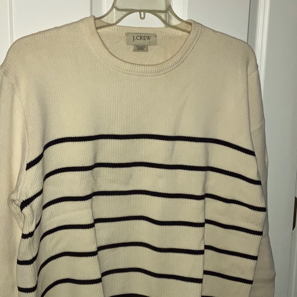 J. Crew Crewneck Sweater. White w/ blue stripes. 100% cotton. Size large